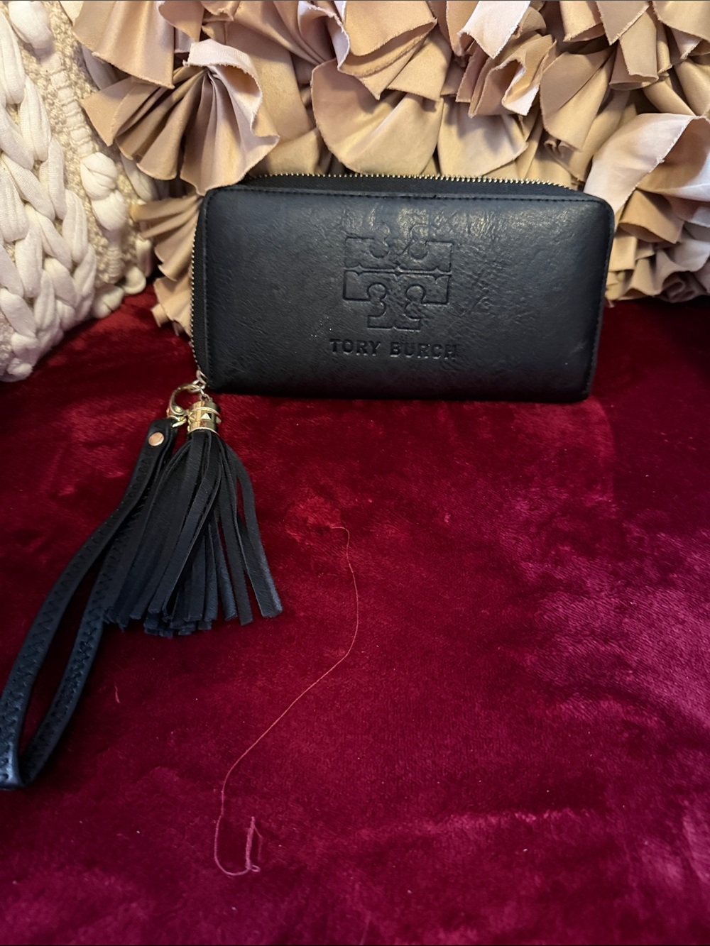 Tory Burch Black Leather Zip Wallet Wristlet with Tassel Accent